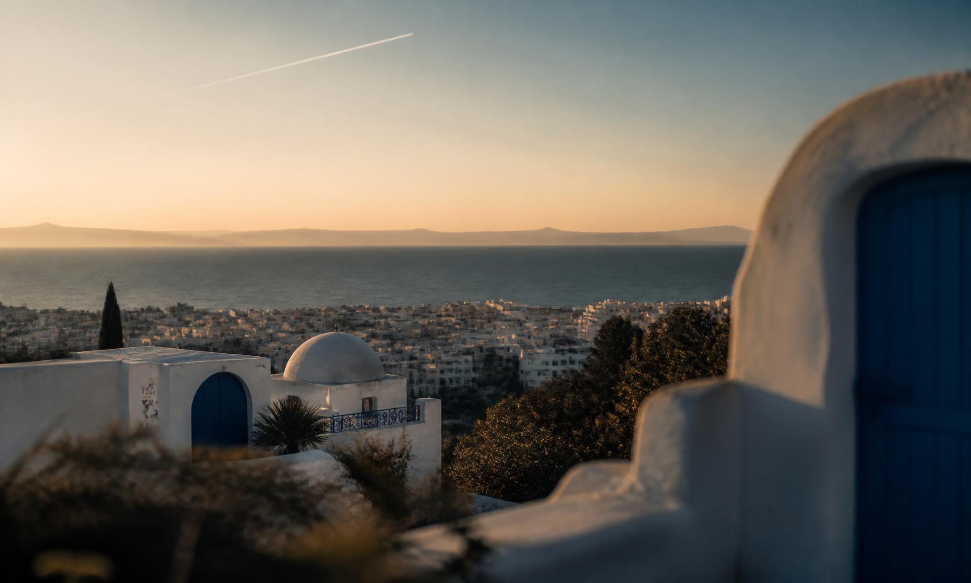 A Tunisian traveller with passport in Sidi Bou Said overlooking the Mediterranean sea at sunset