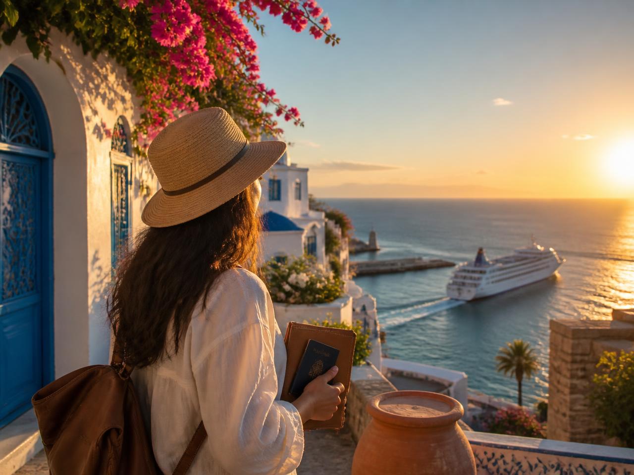 A Tunisian traveller with passport in Sidi Bou Said overlooking the Mediterranean sea at sunset